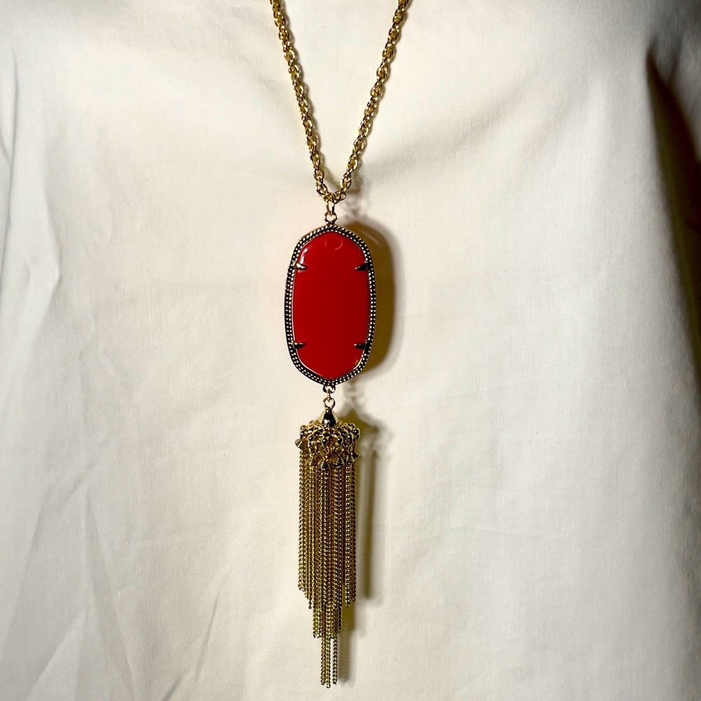 Kendra Scott Rayne Tassel Red Pendant Gold Tone Long Necklace